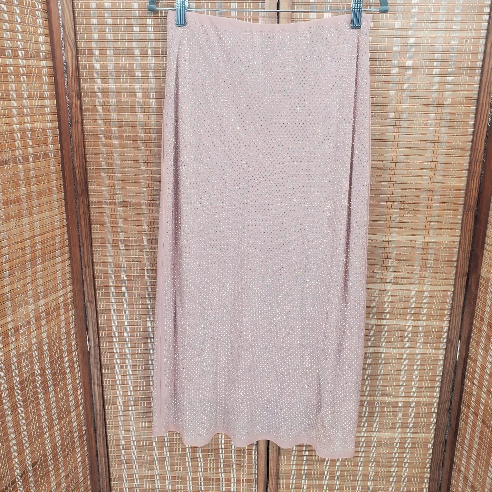 ♧ Antropologie Iridescent Pink Rhinestone Midi Skirt Size Medium